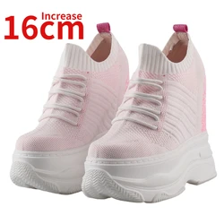 Height Increasing Dad Shoes 16cm Soft Soled Sports Casual Shoes for Women's Knitted Elastic Fabric Wedge Heel Thick Soled Shoes