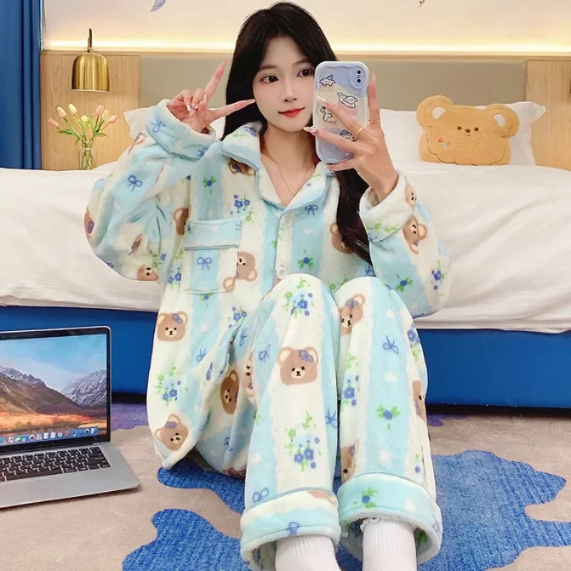 5XL Plus Size Winter Coral Fleece Thickened Pajamas Set Women\'s Cartoon Flannel Warm Home Clothes Soft Long Sleeve Two-Piece Pjs