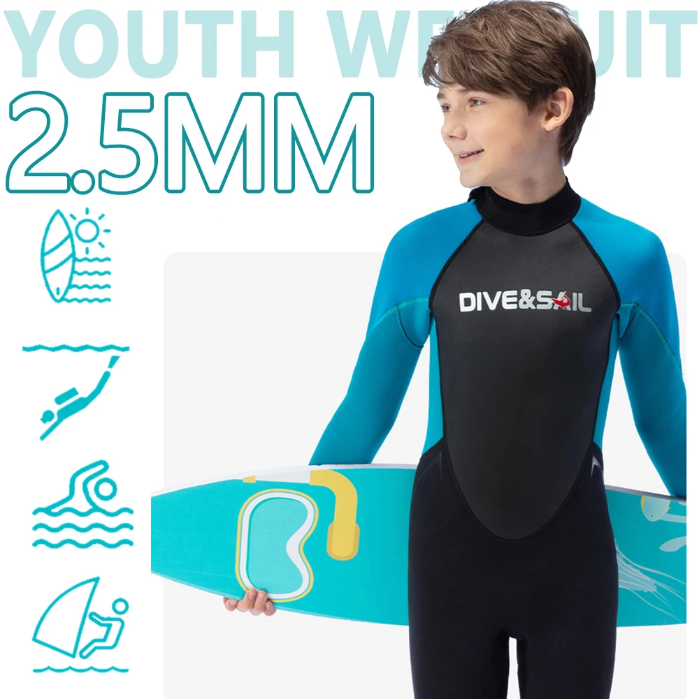 2.5mm Children's Neoprene Wetsuit One-piece Long-sleeved Sun Protection and Warm Youth Scuba Diving Surfing Swimsuit