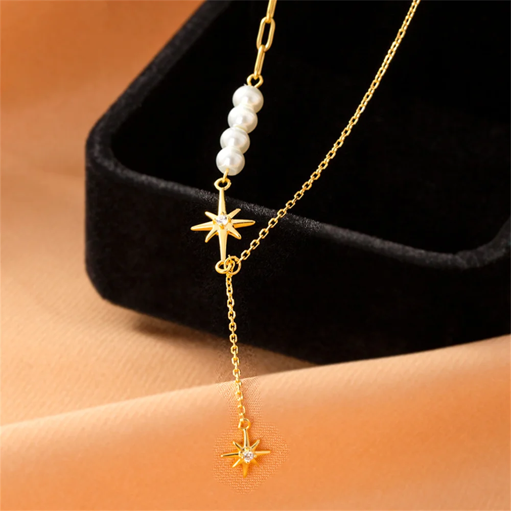 

Korean 925 Sterling Silver Necklace for Women, Eight-Pointed Star Pearl Design, Light Luxury Niche Long Tassel Collarbone Chain