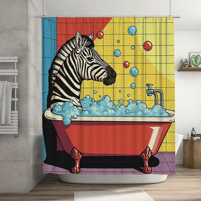

Animal Pattern Pop Art Shower Curtain Zebras Bathing in a Bubble Tub Red, Blue, Yellow Colorful Background Bathroom Decor Home A