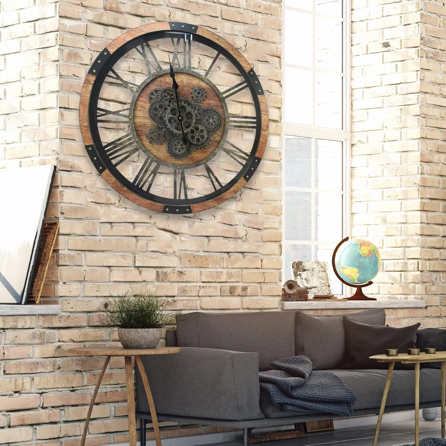 30'' Large Wall Clock Real Moving Gears Oversized Industrial Solid Wood Rusic Farmhouse Clocks for Living Room Wall Decor Home O