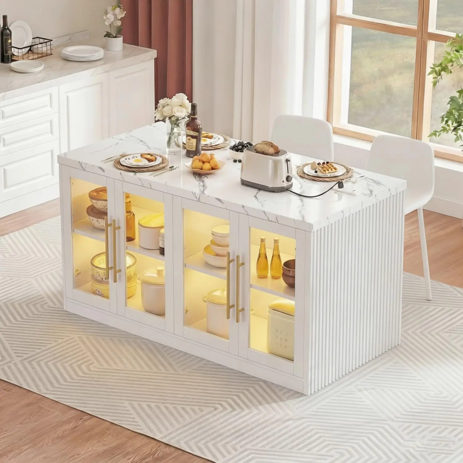 Kitchen Island Table with Storage & LED Light, Imitation Marble Top for Dining Room 128cm, Customized