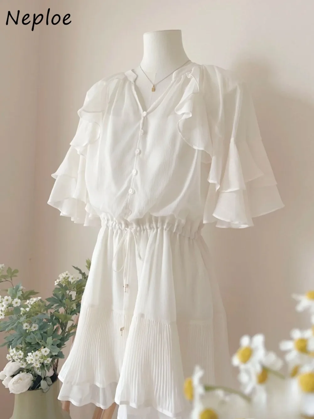 

Neploe Simple Solid Casual Chiffon Dress High Waist Elegant Ruffles Lace Up Fairy Vestido Japan Pure Desire Literary Moda Robe
