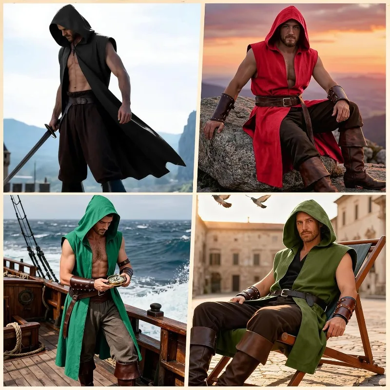Men's Medieval Hooded Sleeveless Surcoat Holloween Renaissance Tabard Tunic Cloak Viking Costume killer Cosplay Cape