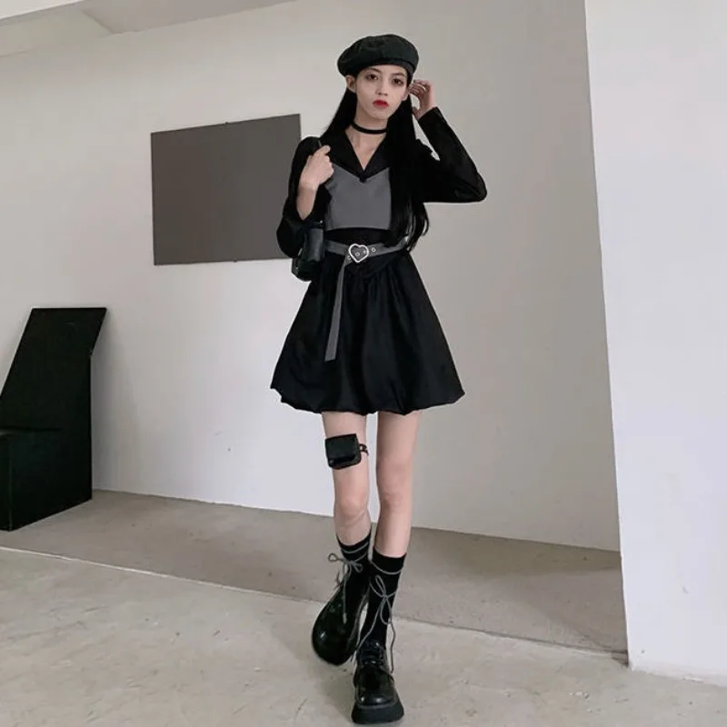 

Temperament Suit Collar Dress Suspender Two-piece Set Women Korean College Waist Belt Fashion Sweet Cute Autumn Fluffy Skirt Set