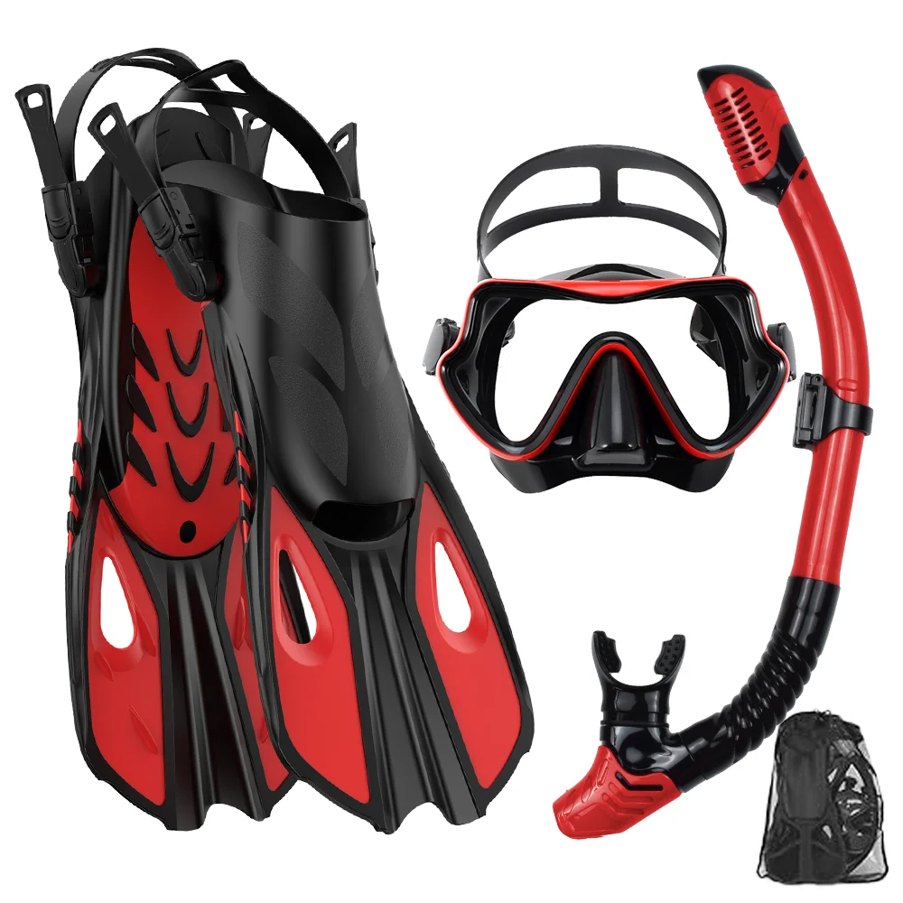Maskenflossen-Schnorchel-Set, Schnorchelausrüstung für Erwachsene, Panoramablick, Schnorchelmaske, verstellbarer Tauchflipper, Schnorchel- und Reisetasche mit trockenem Oberteil – Detail 10