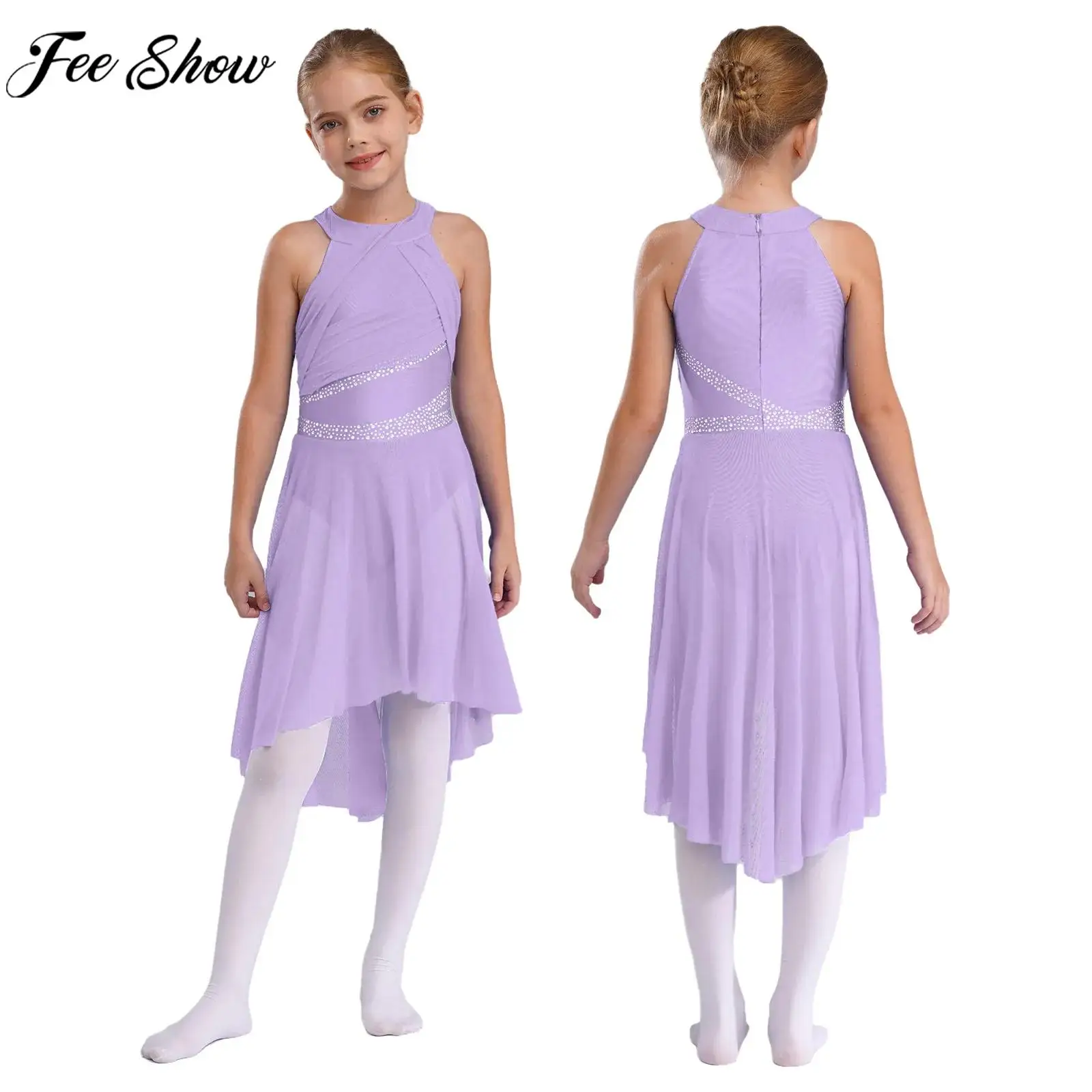 

Детский костюм для современного лирического танца для девочек: блестящий купальник без рукавов со стразами для балета, гимнастики, фигурного катания, латины