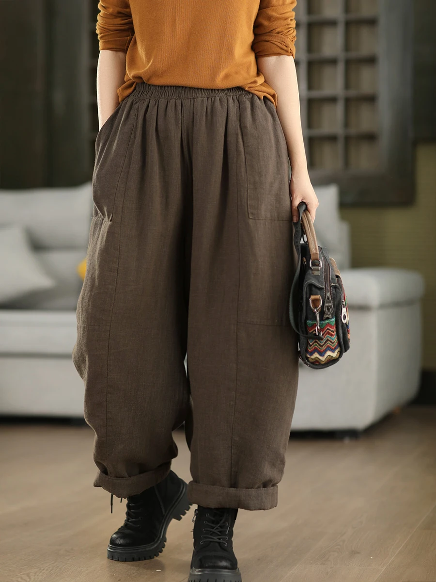 

Thiened Warm Cotton Pants Retro Waed Haax Cotton Trousers Elastic Waist Long Pants Winter Slimming Outerwear