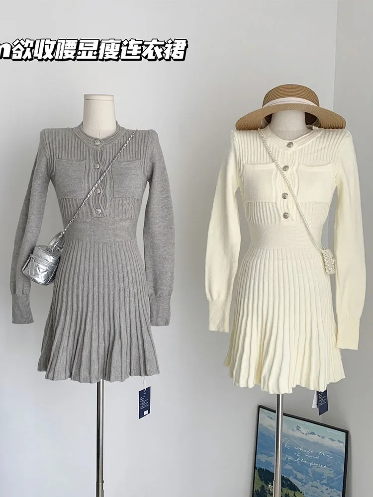 

Formal Occasion Elegant Slim A-line Dress Office Lady Autumn Solid Fashion O-Neck Pockets Button Design Mini One-Piece Frocks