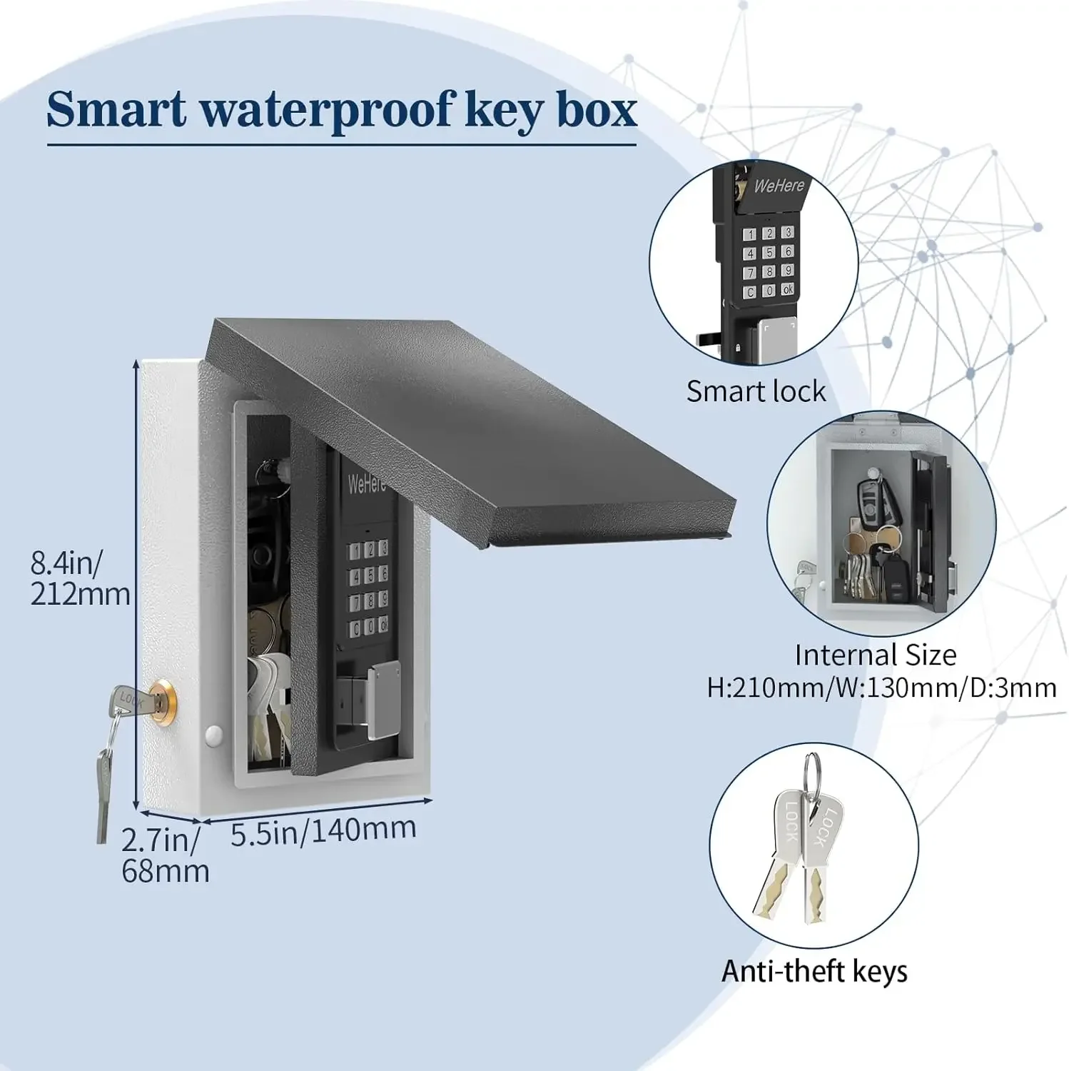 Smart Key Safe Box met waterdichte hoes, OTP/APP Bluetooth/Wi-Fi/vaste code/sleutel ontgrendelen, beveiligingsopslag voor huis buiten