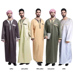 Muslim Men Long Sleeves Round Collar Patchwork Embroidery Button Robe Arab Male Adult Ankle Length Thobe Ramadan Eid Clothes