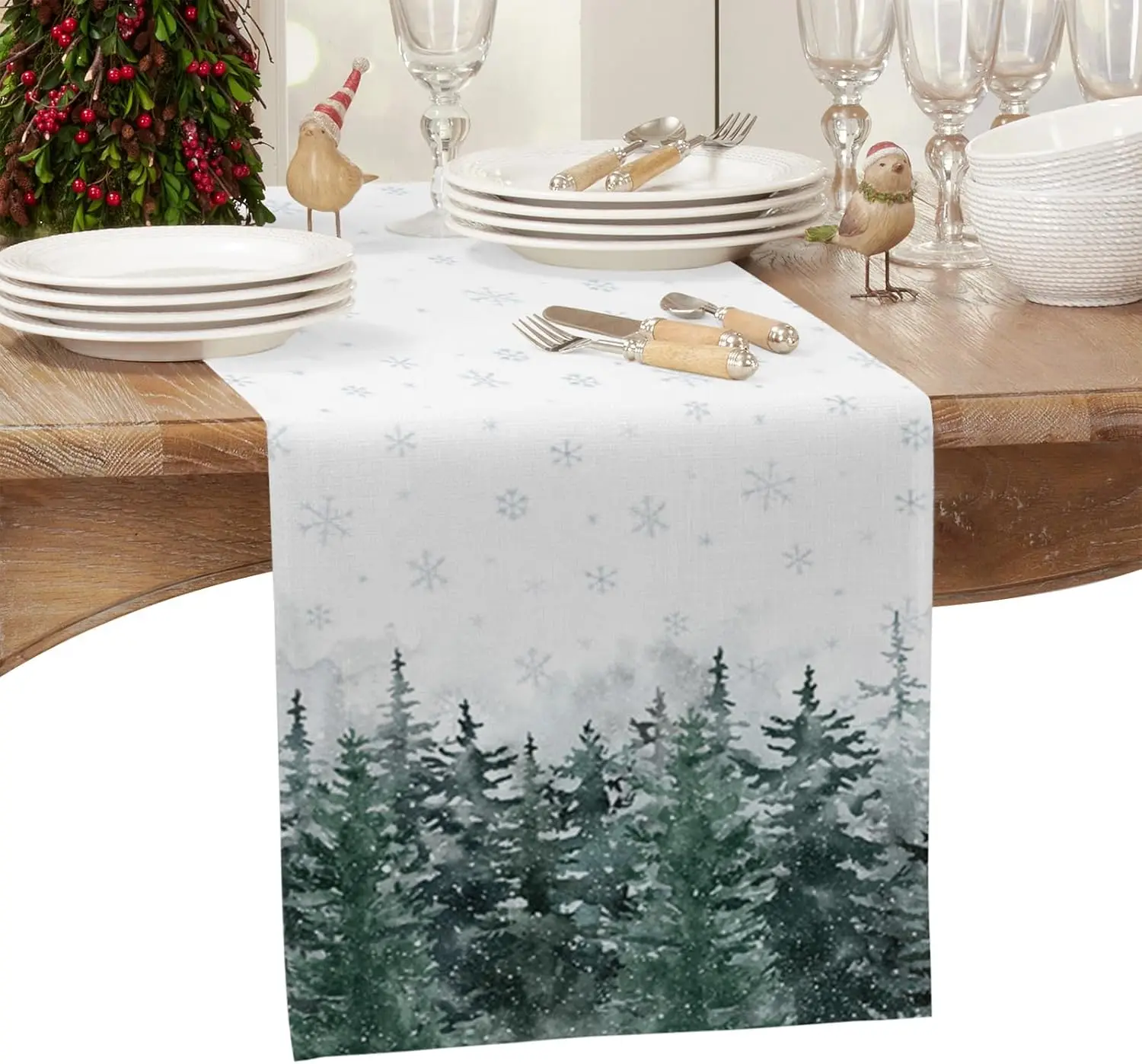 

Christmas Tree Forest Snowflake Linen Table Runners Holiday Party Decorations Washable Kitchen Dining Table Runners Decorations