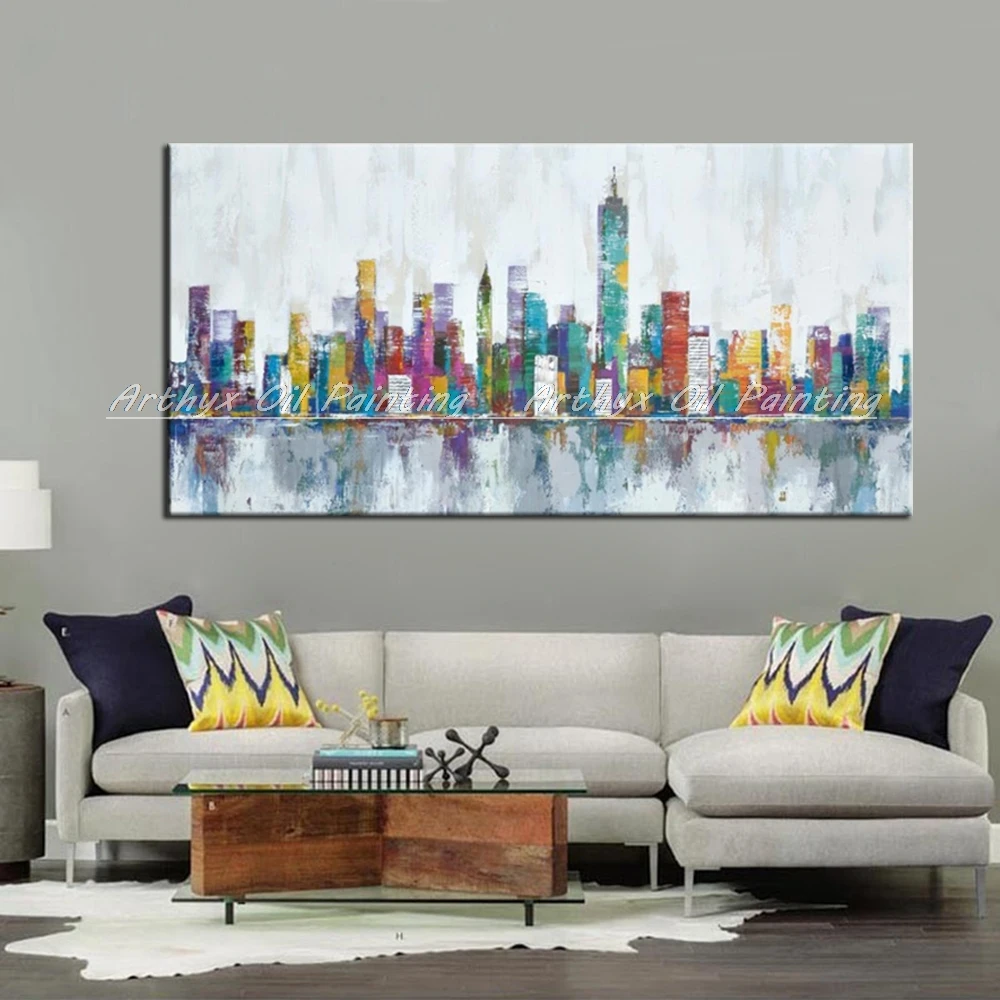 Arthyx New York Skyline Cityscape Architecture Abstract Pop Art Hand Painted Oil Painting On Canvas,Wall Picture Fort Home Decor