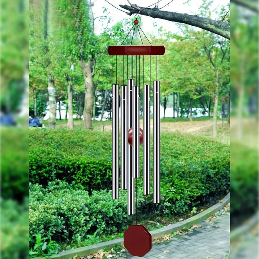 1pcs red wood silver aluminum pipes wind chime classic octagonal wood hang tag 6 metal tubes courtyard corridor balcony decor