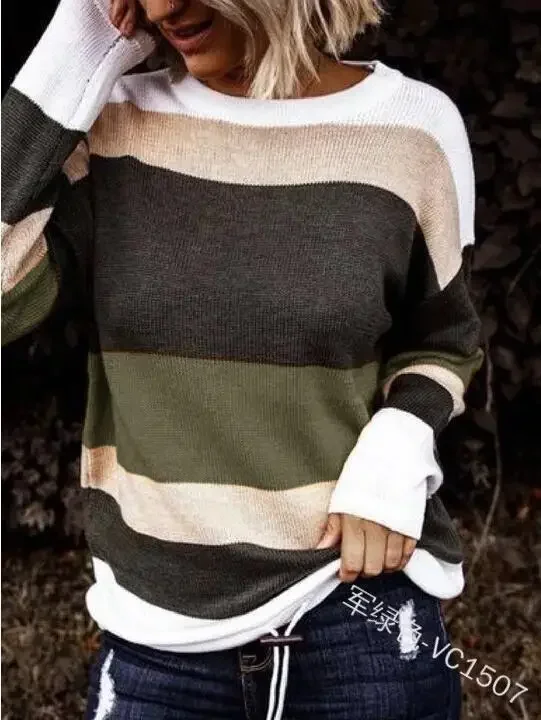 Fall Sweaters Round Neck Striped Cute Winter Pullover Sweaters for Women Trendy 2023 Drawstring