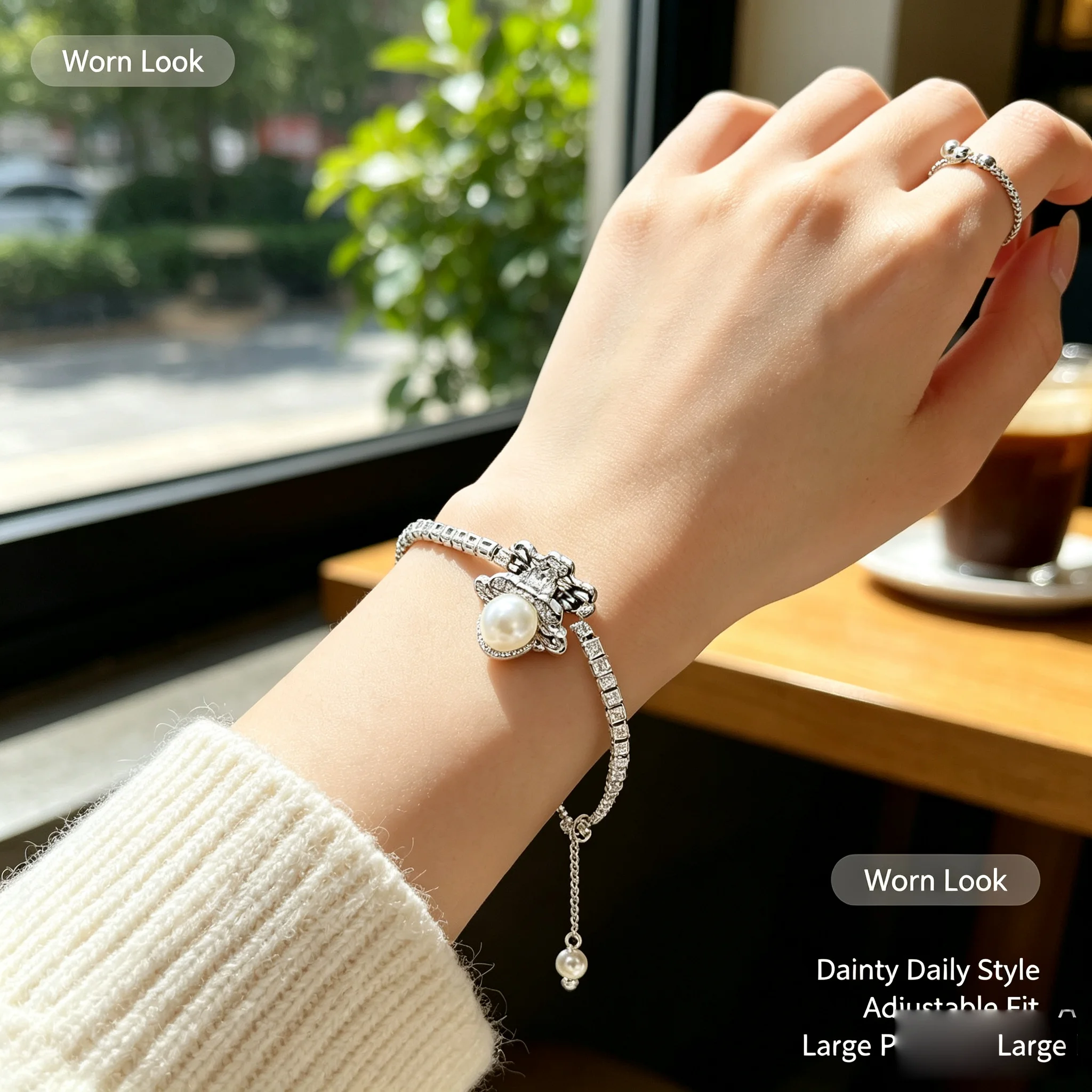 Delicate Pearl Flower Rotating Slider Bracelet Silver Tone Paved Zircon Floral Adjustable Pull‑Chain Anniversary Wedding Gift