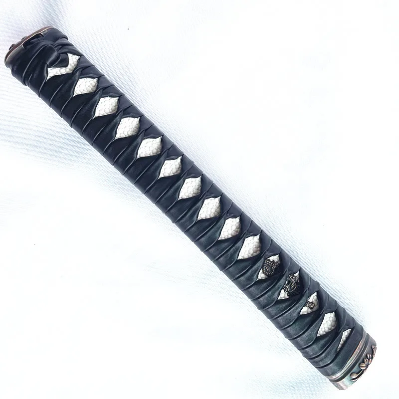 26CM Tsuka Handle Menuki Fuchi Kashira Black Leather Japanese Katana Sword Parts