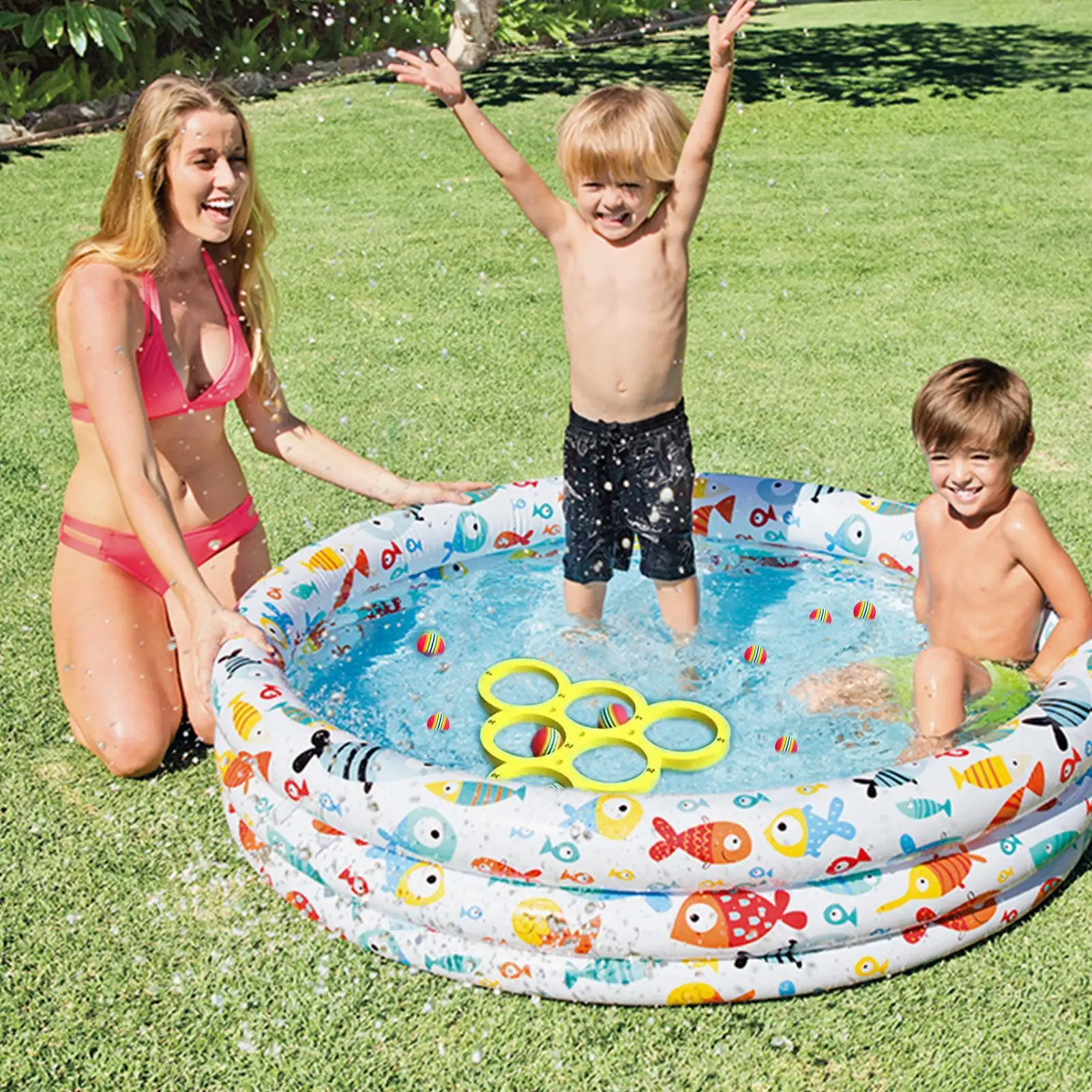 Juego de piscina flotante para deportes acuáticos, juguete divertido con 10 bolas de arcoíris, juego de lanzamiento, deportes acuáticos, círculos de lanzamiento EVA, 1 Juego