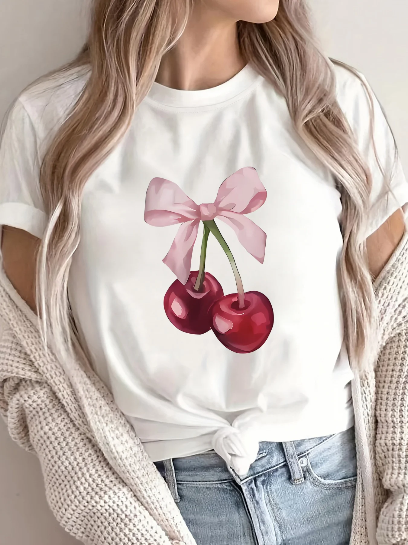 

Women's Cherry and Bow Print T-Shirt Round Neck Short Sleeve Cotton Tees Retro Hip Hop Y2k T-shirt Summer Tops Women Clothing