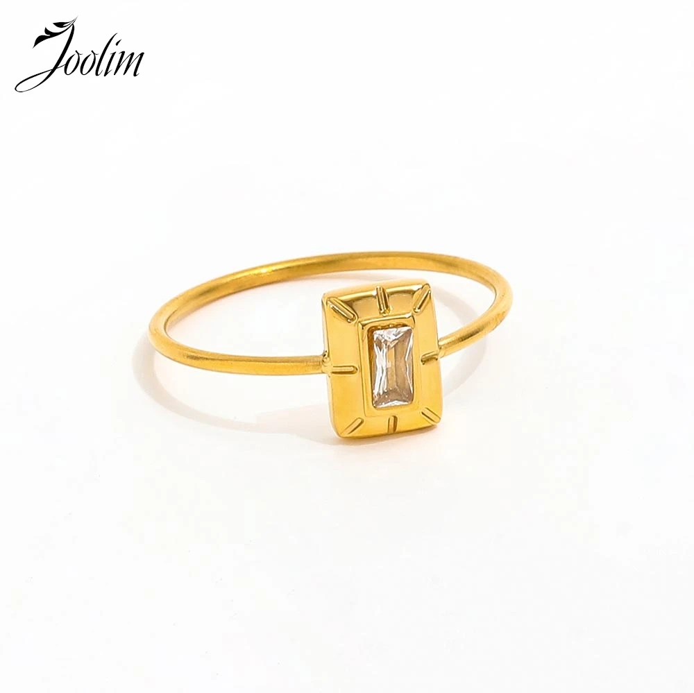 

Joolim Jewelry Wholesale High End PVD Tarnish Free Dainty Fashion Small Rectangle Zirconia Fine Stainless Steel Ring For Women