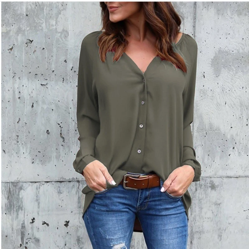 Women's clothing sales New for Spring/Summer 2024 Army Green V-neck Button-down Long-sleeved Loose Chiffon Shirts & Blouses Tops