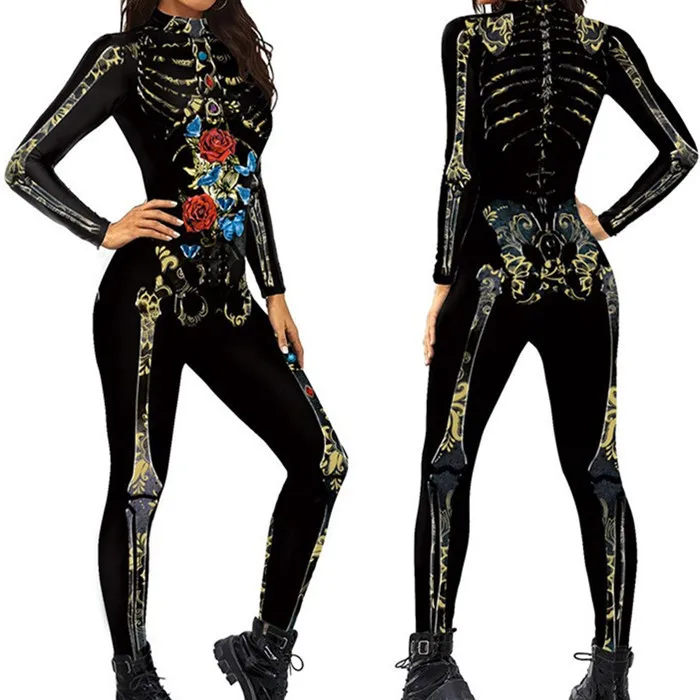 Damen Herren Karneval Cosplay Jumpsuit Skelett-Druck Halloween-Kostüm Fancy Party Catsuit Show Spandex Zentai Bodysuit Anzug – Detail 9