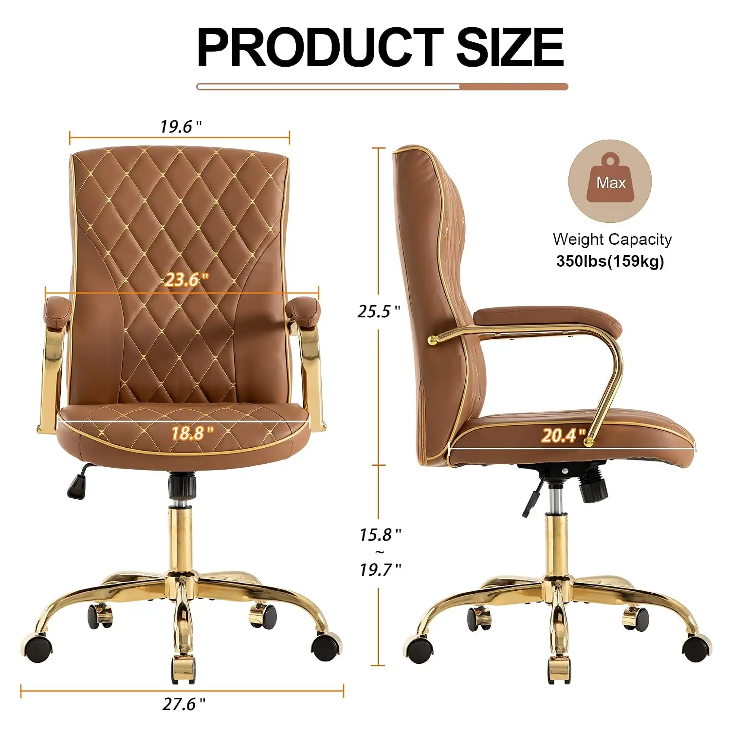 Brown & Gold Office Chair, Mid Back Vintage Executive Leather Ergonomic Swivel Chair with Rocking Function, Padded  Customized