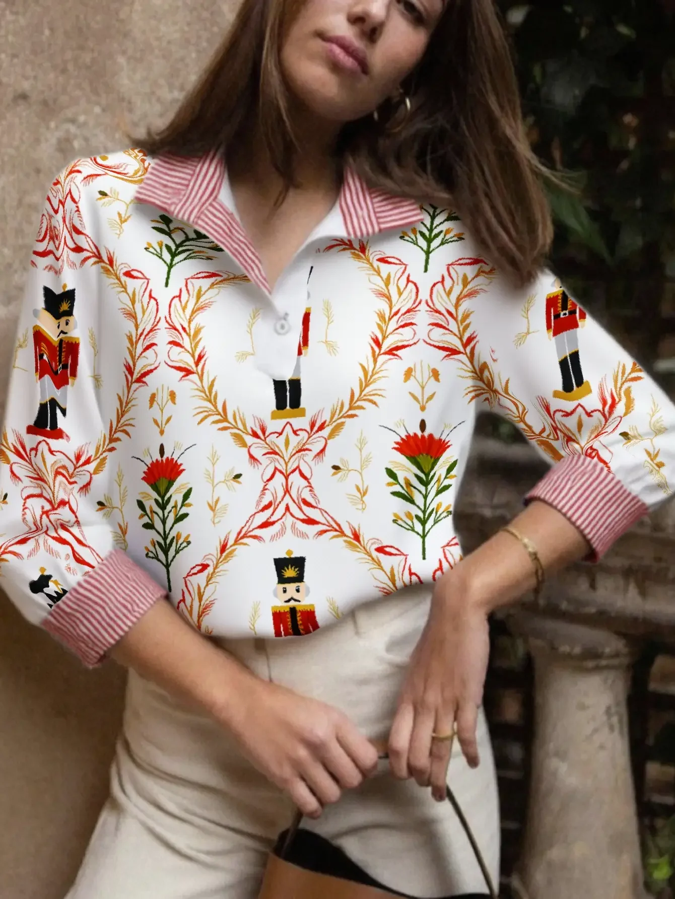 Spring and Autumn Winter Women's Stand up Collar Shirt Long Sleeve, Personalized leopard print background, Christmas Gift.