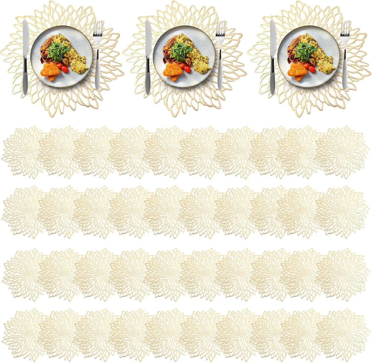 

100pcs Gold Metallic Hollow Out Leaf Flower PVC Placemats 38cm Round Table Mats for Wedding Party Dining Decor