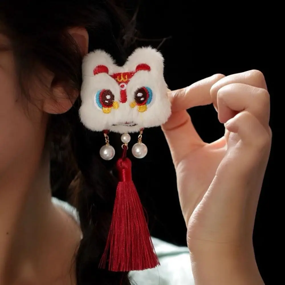 Embroidery Children Red Hairpin Tassel Lion Dance Hanfu Hair Sticks Ancient Headwear Cloth Chinese New Year Headwear Children