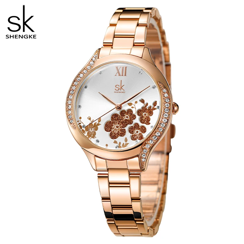 Shengke 2022 New Luxury Rosegold Watch For Women Elegant Flower Dial With Rhinstone Women Watch Quality Quartz Relogio Feminino