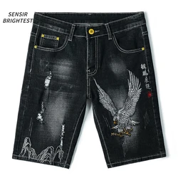 Summer Embroidered Eagle Denim Shorts Men's Summer Thin Fit Good Quality Ripped Five Points Pirate Shorts