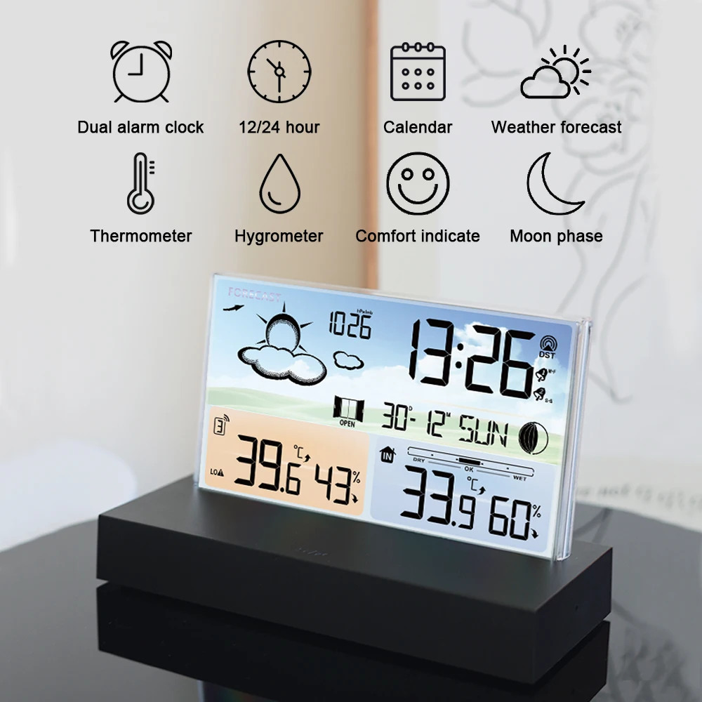 

Multifunctional Weather Station Alarm Clock, Temp Humidity Monitor with Weather Forecast & Calendar for Home Bedroom Office