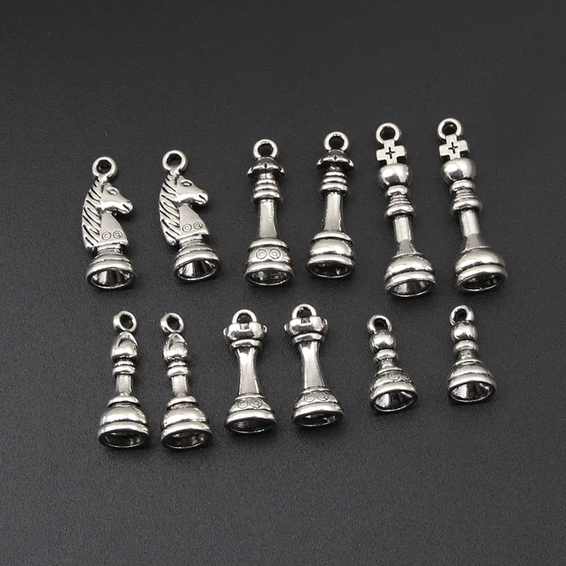 20pcs Silver Color Knight Bishop Pawn King Queen Rook Chess Charms Draughts Pendant Fit DIY Handmade Jewelry Finding Supplies