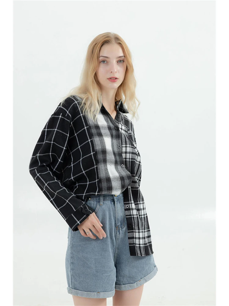 Oversized Plaid Patchwork Blouses Vintage Streetwear Boyfriend Shirt For Ladies Ulzzang Harajuku Long Sleeve 2022 Blusas Tops