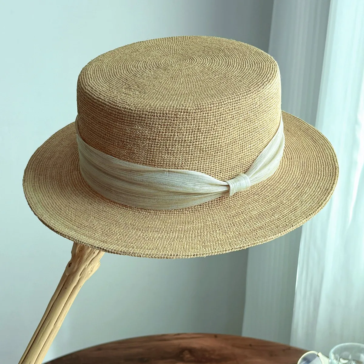 Ultra-Fine Crochet Raffia Boater Hat & Woven Tote Bag Set with Silk-Linen Trim Flat Crown Wide Brim Beach Vacation Hat Set