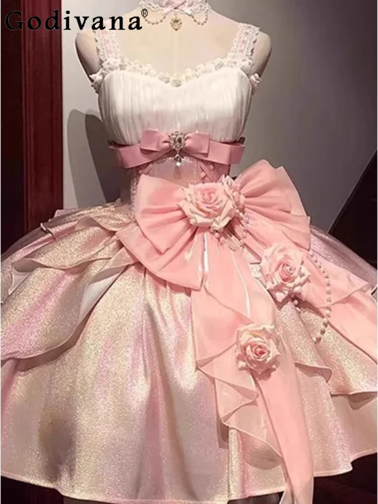 Lolita Pink Princess Rose Bow Suspender Evening Dress Sweet Girls Fashion High Waist A-line Age Reduction Banquet Fairy Dresses