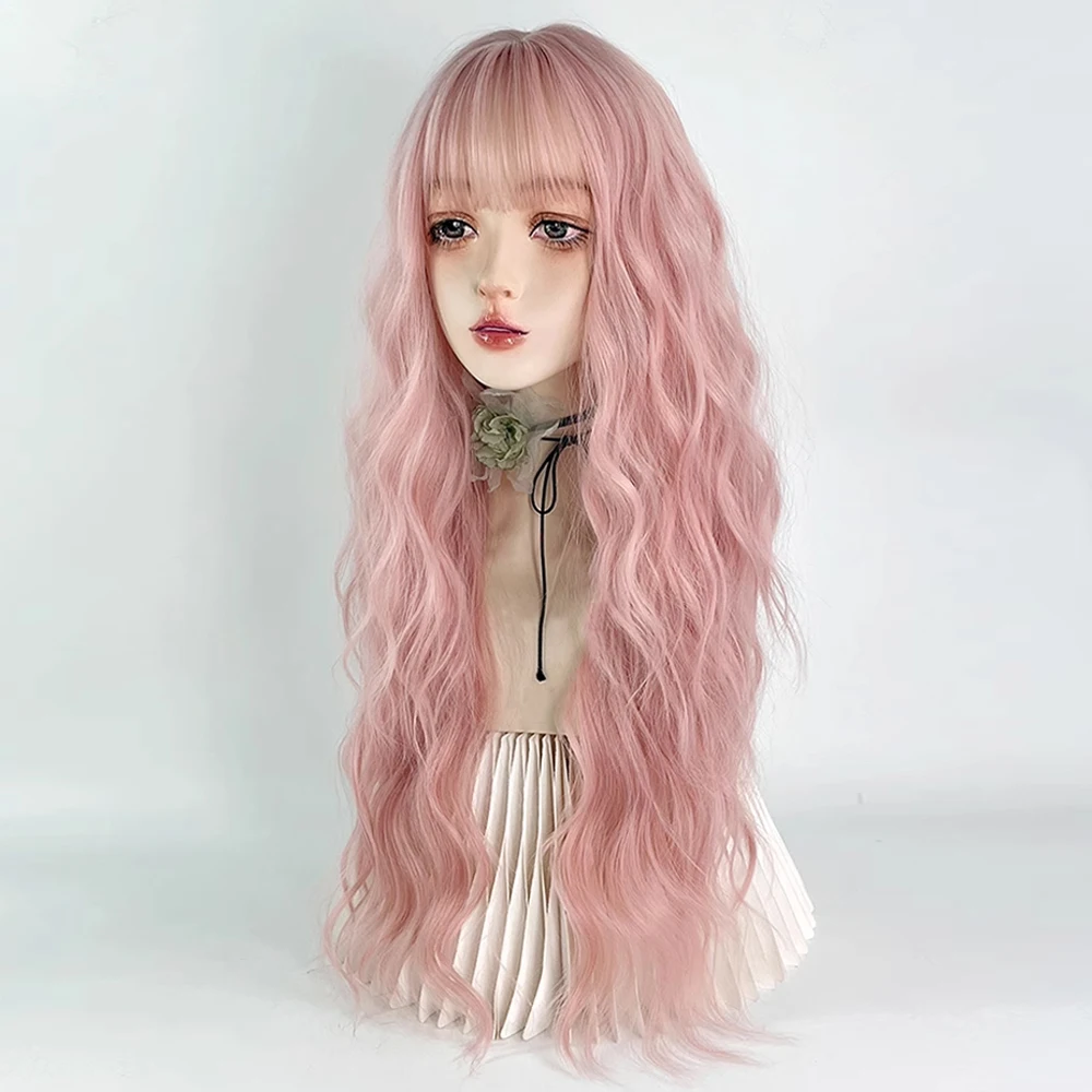 شعر مستعار صناعي طويل مموج وردي مع الانفجارات شعر مستعار لوليتا نسائي منفوش مقاوم للحرارة للحفلات التنكرية اليومية #4