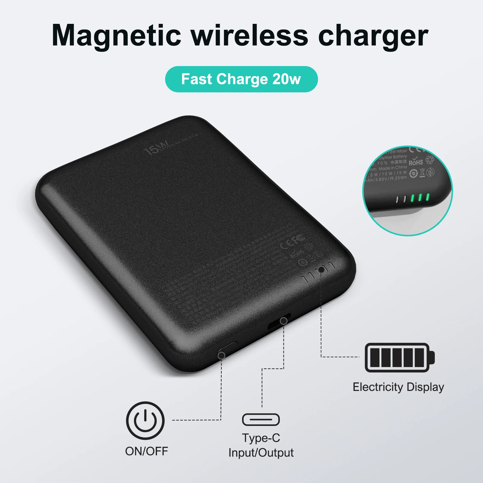 Banco de potência magnético fino sem fio carregamento rápido 5000mah carregador portátil 20w saída USB-C magsafe para iphone huawei samsung