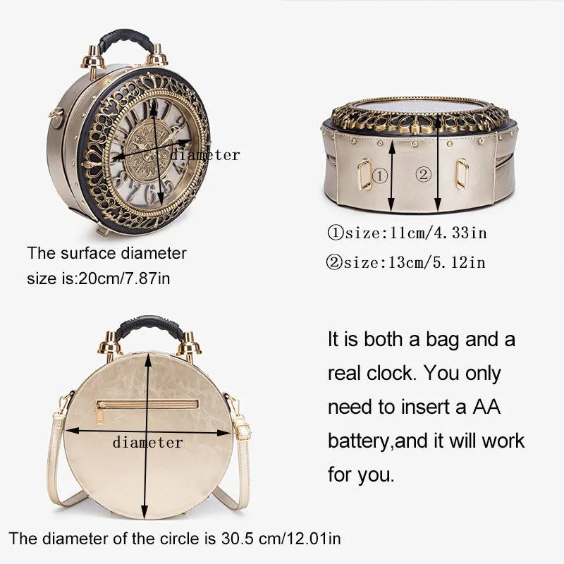 Nesitu Circular Real Clock PU Leather Women Shoulder Messenger Bag Crossbody Handbag for Phone Tablet Ipad Fashion Retro M2020