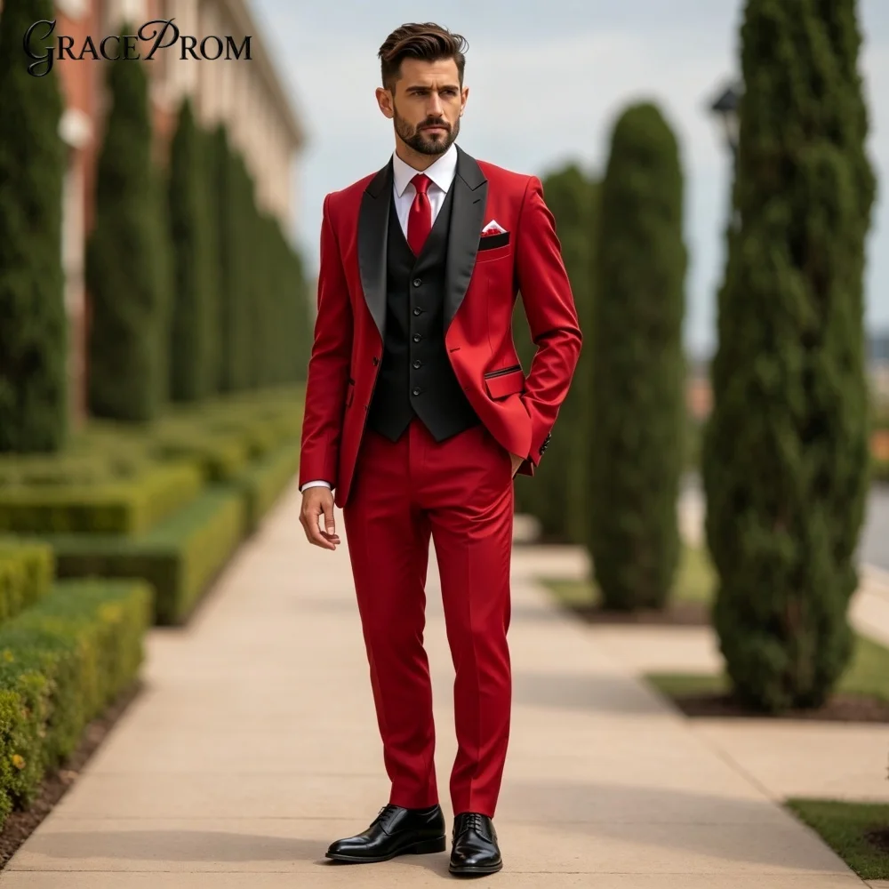 Elegant Vibrant Red 3PCS Mens Tuxedo Black Contrast Piping Notched Groom Suit Vest Pants Set For Wedding Prom Event Customized