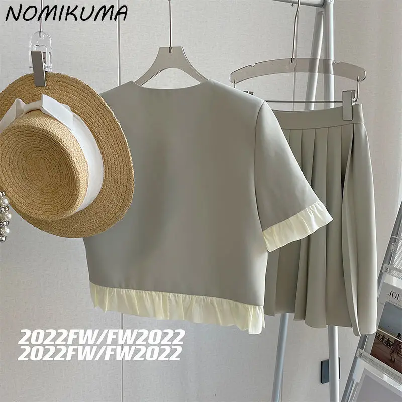 Nomikuma 2023 Summer Women Sets Sweet Ruffle Hit Color Patchwork Short Sleeve V-neck Tops + High Waist Causal Mini Pleated Skirt