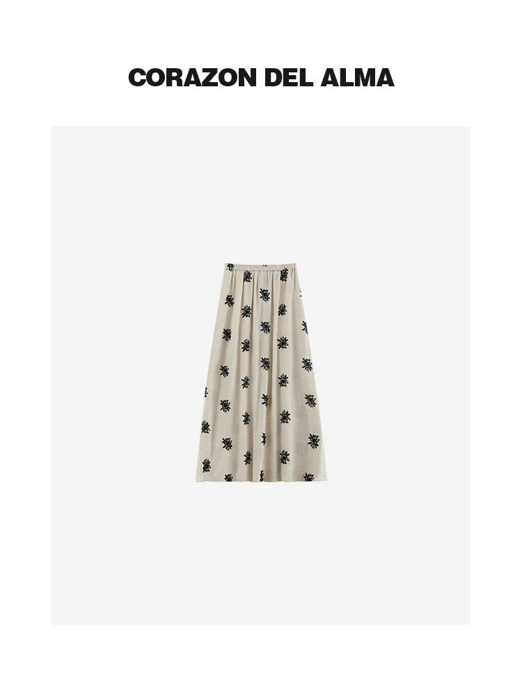 

High-End Anti-Wrinkle Regenerative Linen Heavy Embroidery Lace Patchwork Elastic Waist Half Skirt 56 Casual Commute Style Bre...