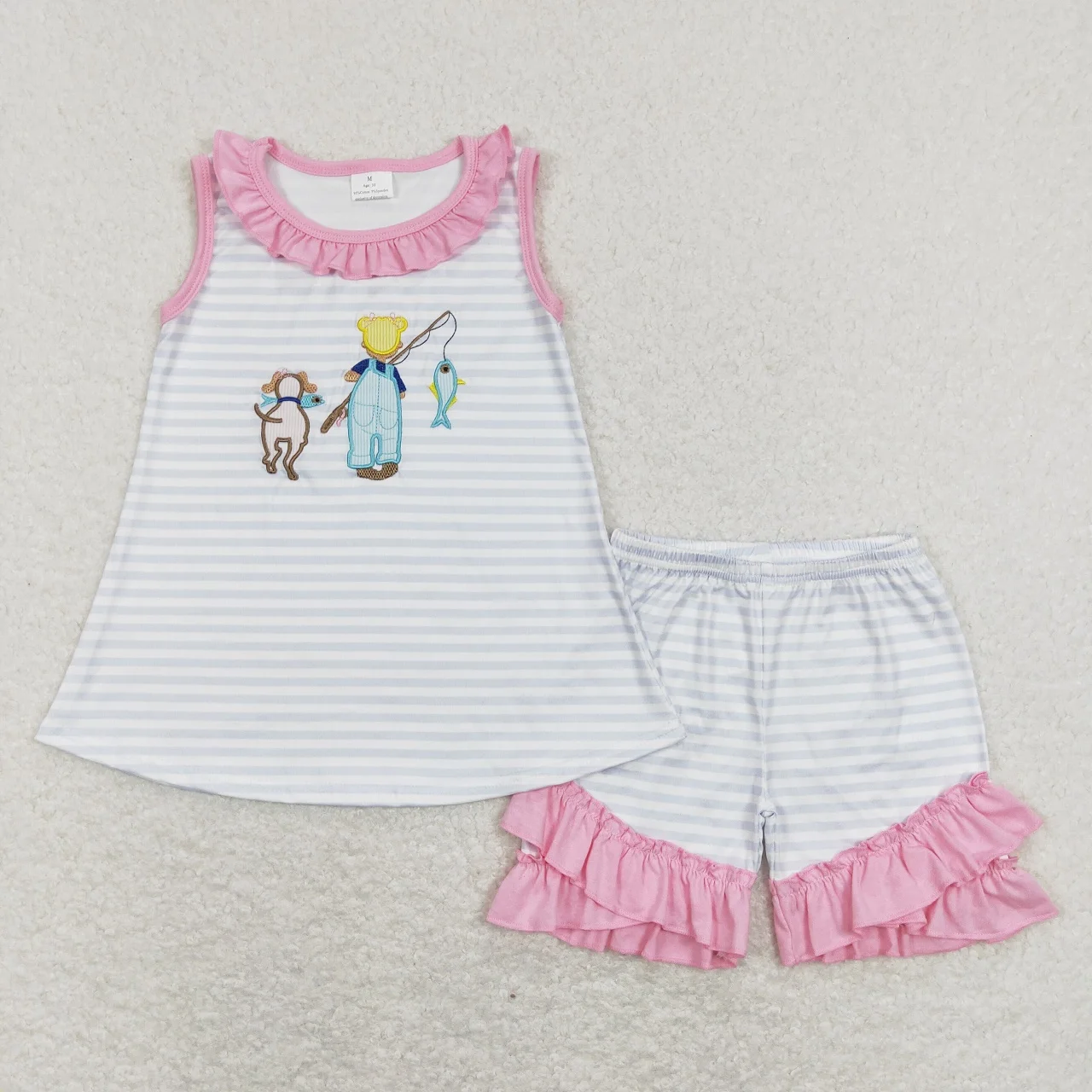 Wholesale Baby Girl Embroidery Fishing Clothing Children Summer Sleeveless Tops Toddler Stripes Ruffle Shorts Kids Outfit Set