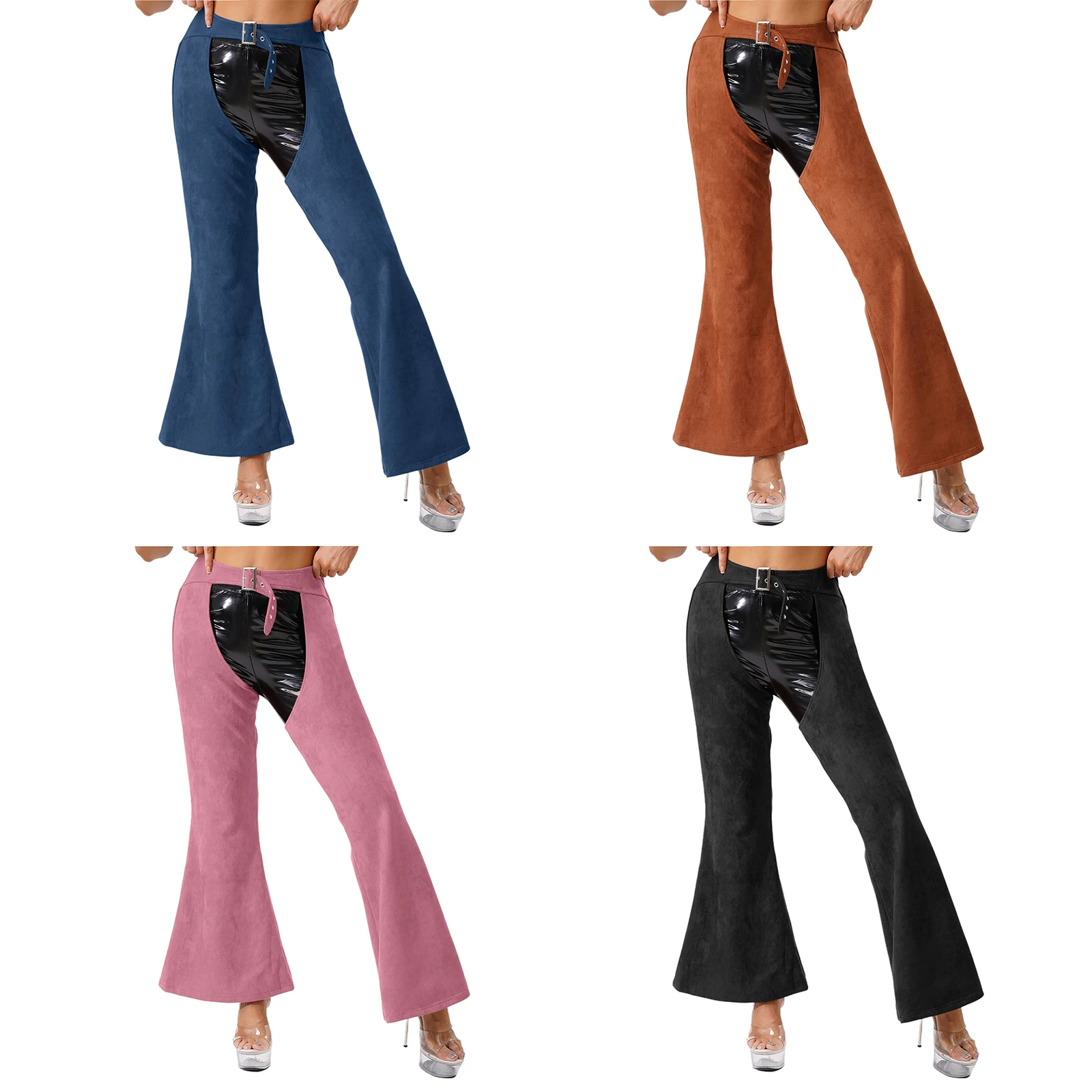 Womens Vintage Western Cowgirl Chaps Pants Adjustable Waist Hollow Out Cowboy Biker Pants Wide Leg Long Pants for Motorcycle
