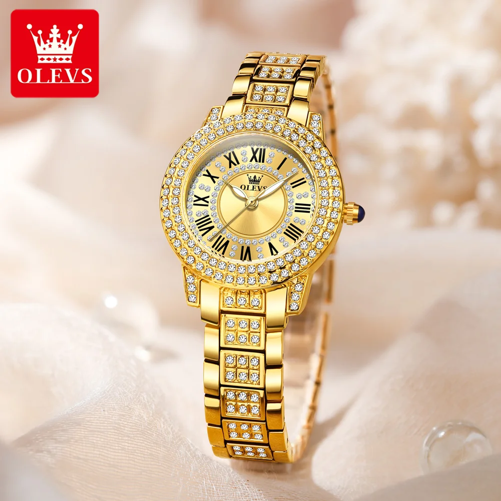OLEVS 9943 ساعات نسائية وظيفة الضوء الليلي الأصلي كوارتز ساعة معصم رومانية مطعمة الزركون الهاتفي 30 متر مقاوم للماء ساعة السيدات