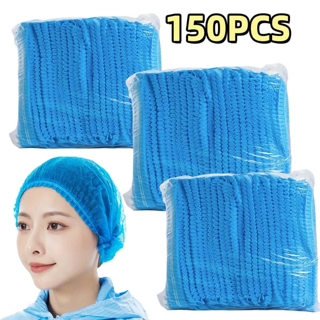 

50/150Pcs Disposable Non-Woven Hair Cap, Elastic Hood, Blue Disposable Hair Cap, Bun Cap, Protective Hair Hood, Hair Net Surgical Cap, Medical Hair Cover, 21inch