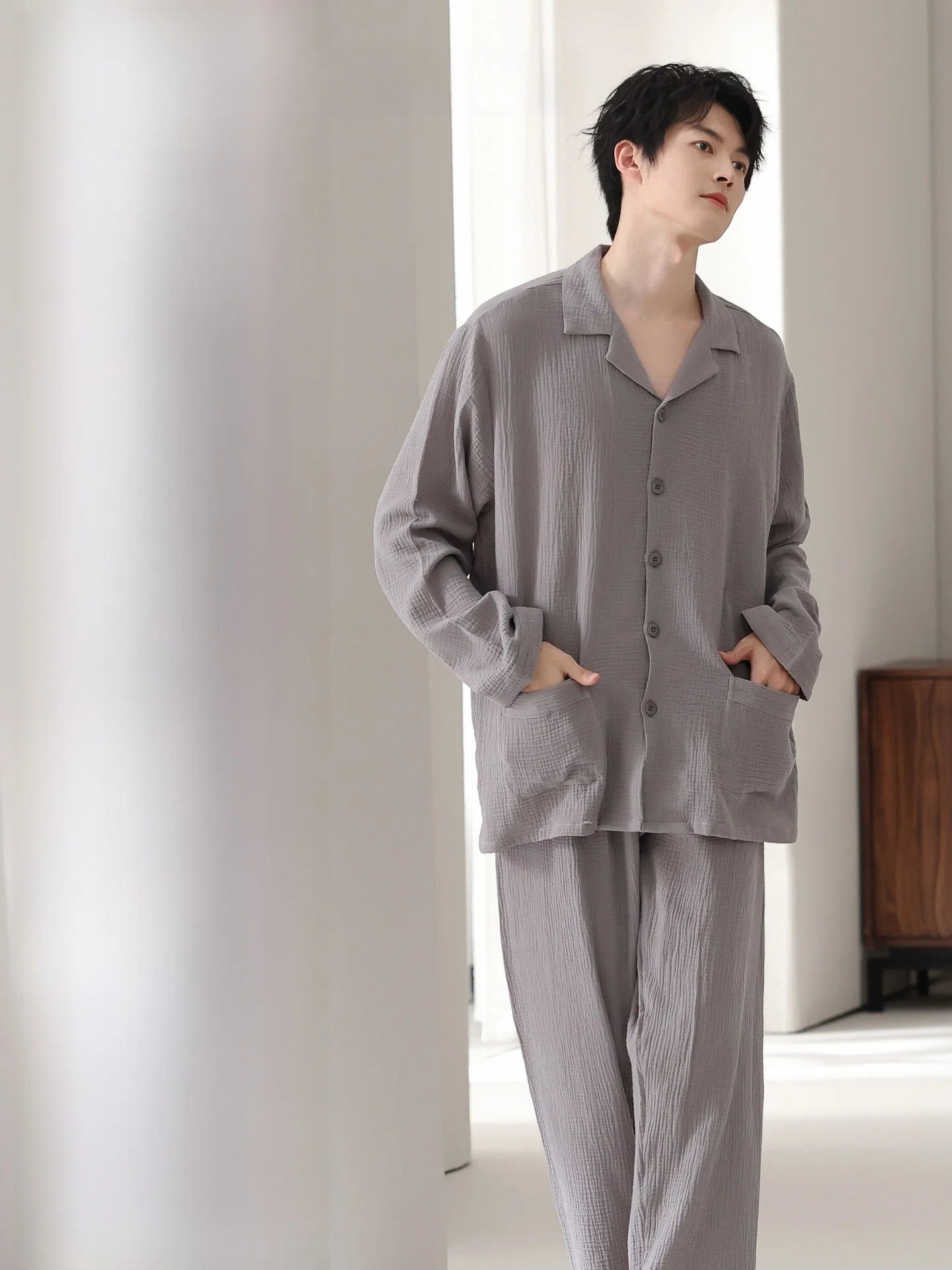 Men's Pure Cotton Sleepwear Long Sleeve Home Clothes Double Layer Cotton Gauze Spring Autumn Universal Four Seasons Catman