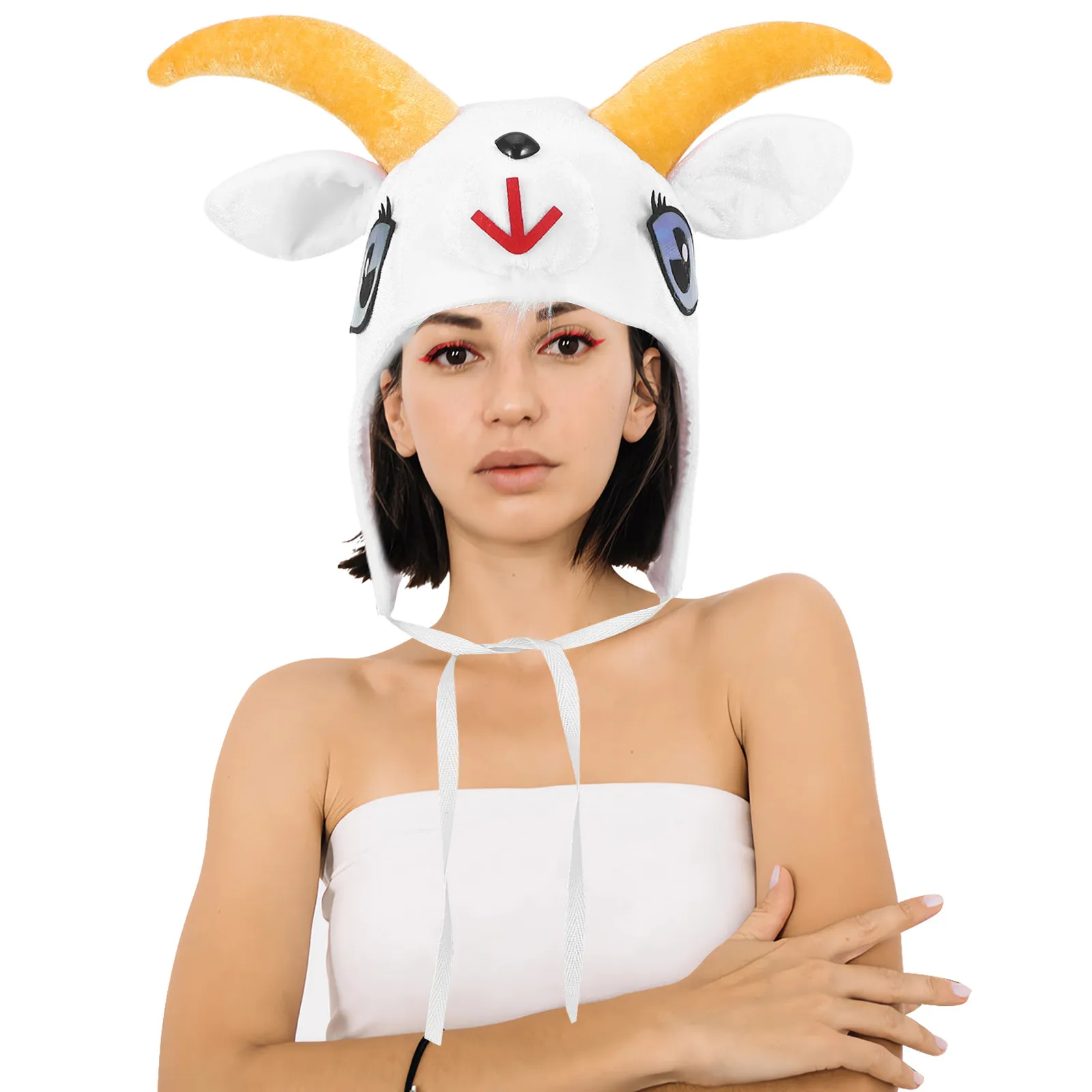 Acessório de cabeça de ovelha com chifres, estilo cartoon brilhante, leve e portátil, para festivais, viagens, acampamentos, sessões de fotos